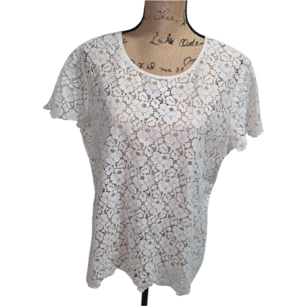 Talbots White Floral Lace Short Sleeve Top Round Neck Keyhole Back Size 16‎